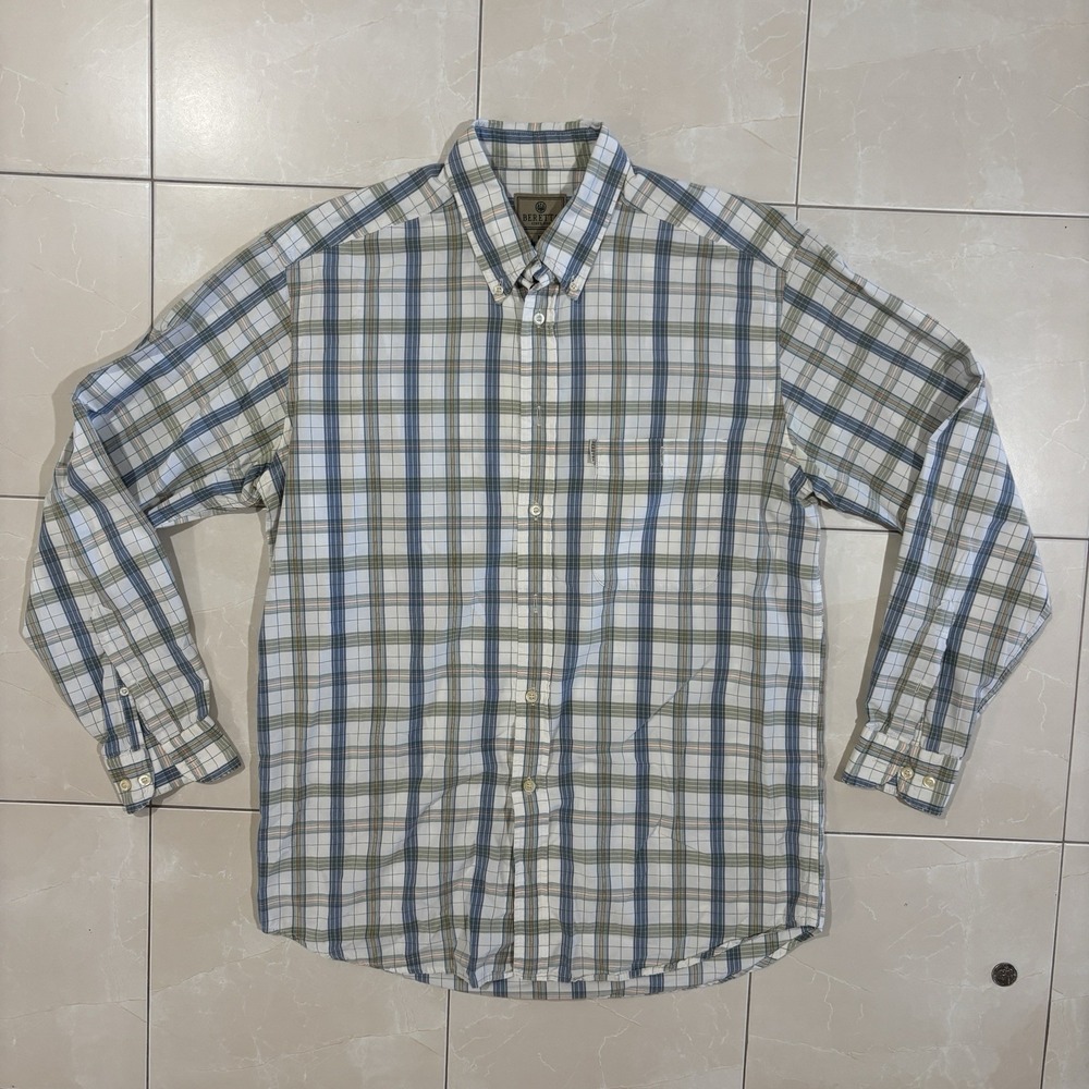 Beretta Button Down Shirt Plaid Men's M Shooting Hunting Cotton White